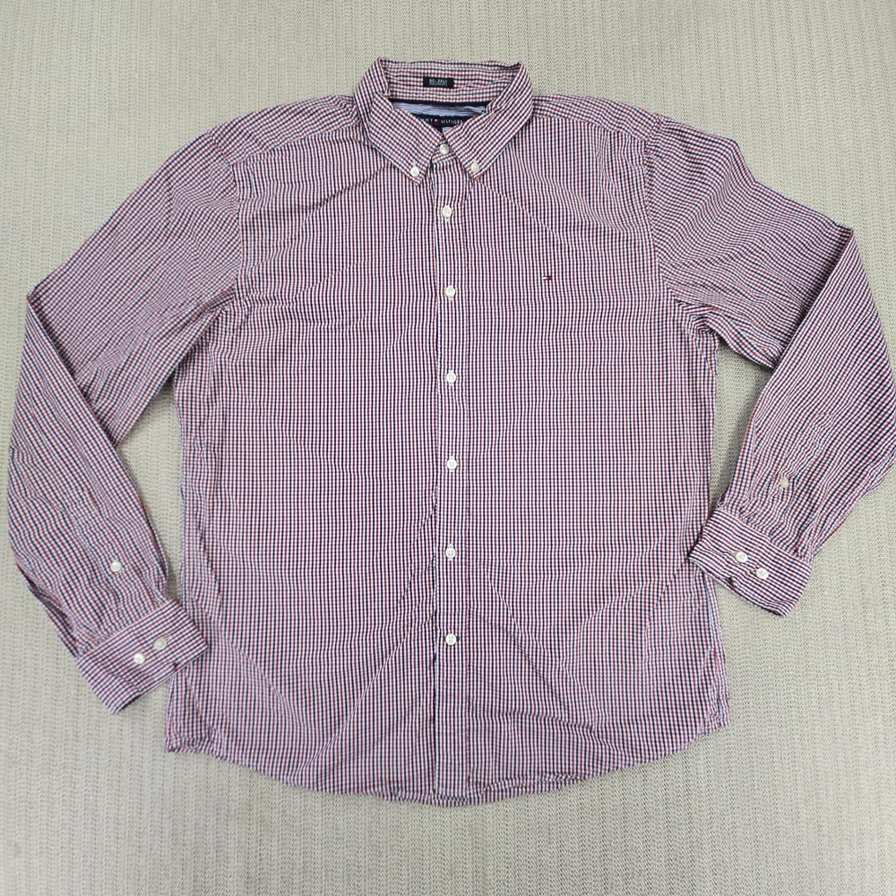 Tommy Hilfiger Shirt Mens Large Blue Red Check Long Sleeve Button Up 80s 2 Ply